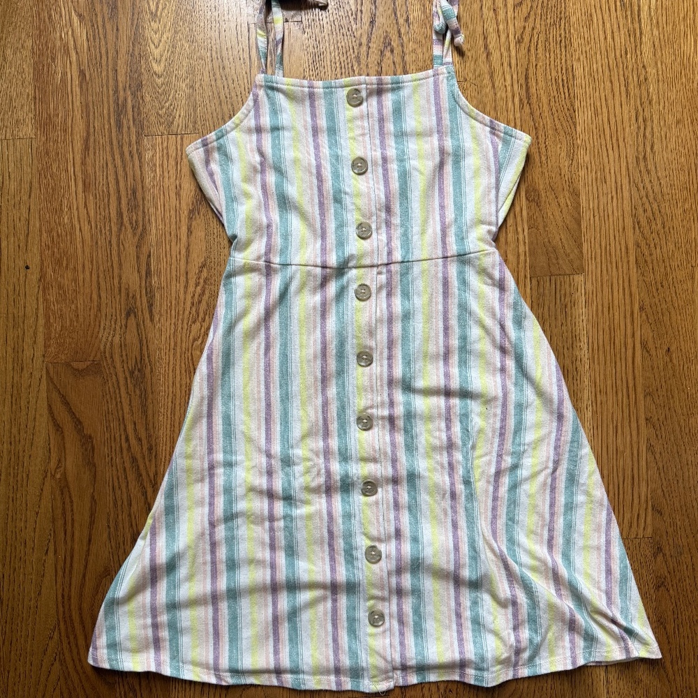 Girls Summer Dress, Size 10-12, Pastel Vertical Stripes w/ Button Detail
